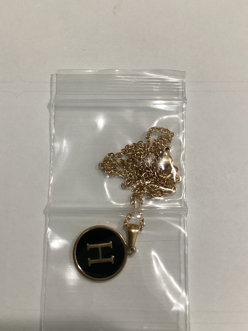 Gold Chain Necklace with Black Round Initial 'H'‎ Pendant